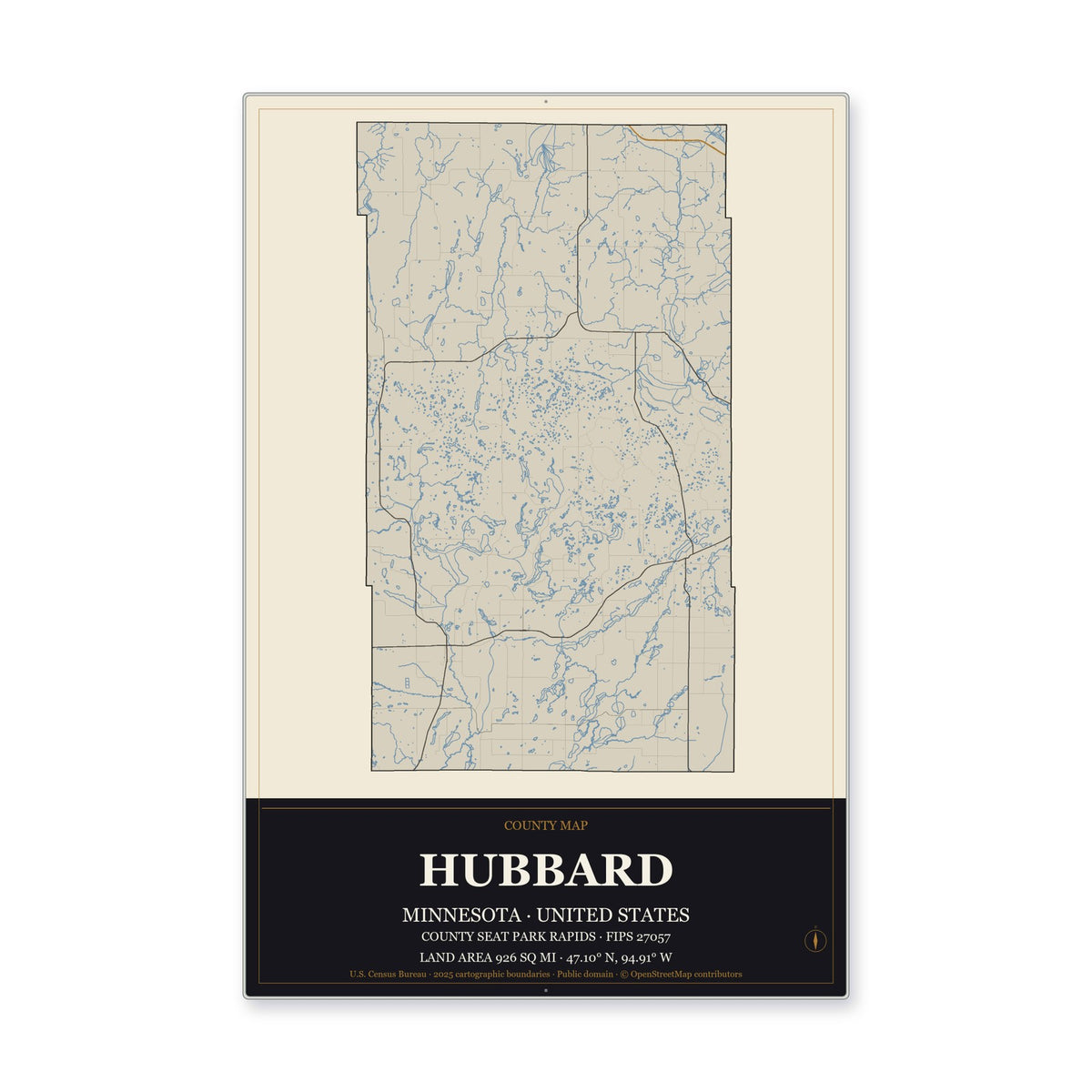 Hubbard County, Minnesota Map Aluminum Sign in Museum Plaque style