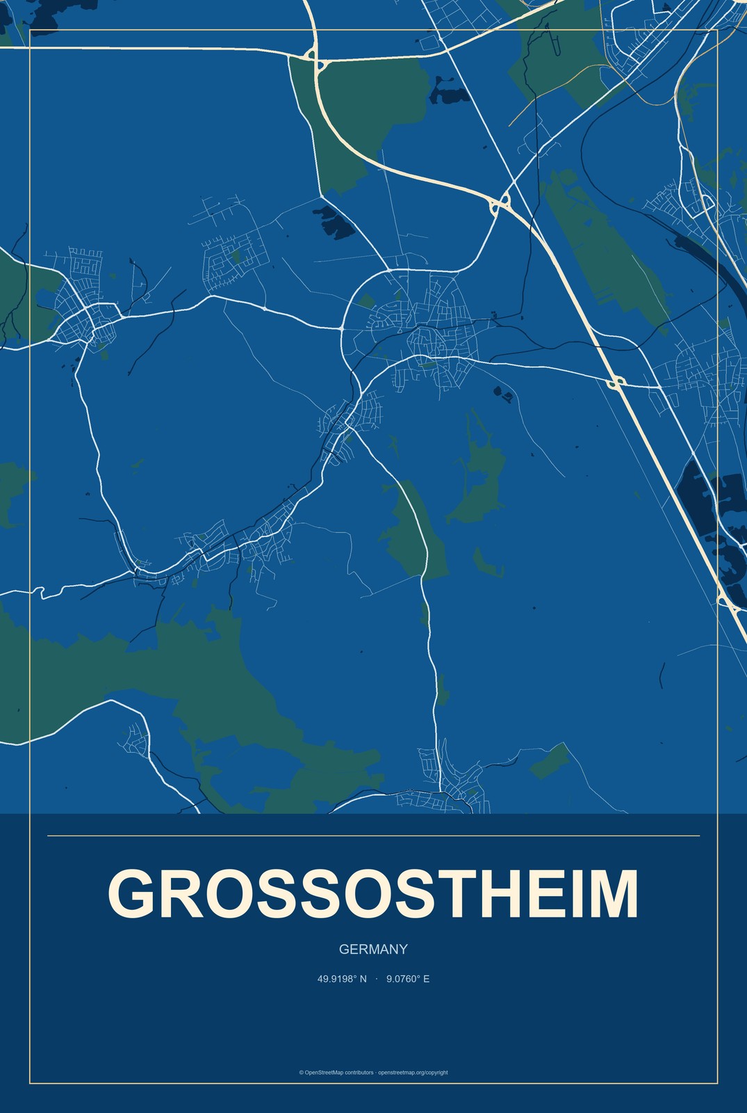 Großostheim, Germany City Map Aluminum Sign in Harbor Cobalt style