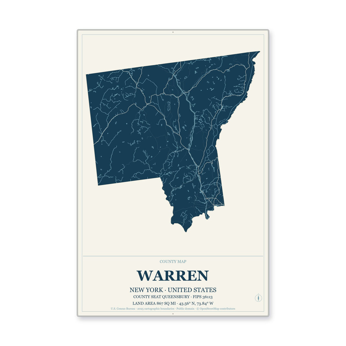 Warren County, New York Map Aluminum Sign in Coastal Cutout style