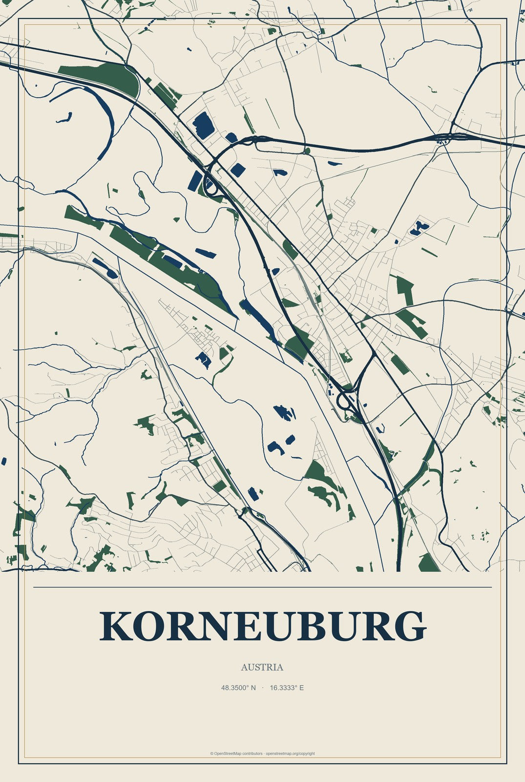 Korneuburg, Austria City Map Aluminum Sign in Coastal Cutout style