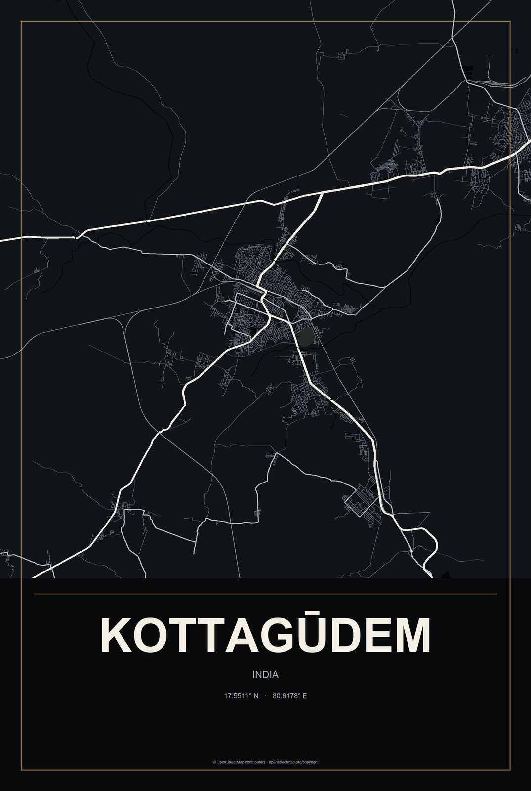 Kottagūdem, India City Map Aluminum Sign in Metropolitan Noir style