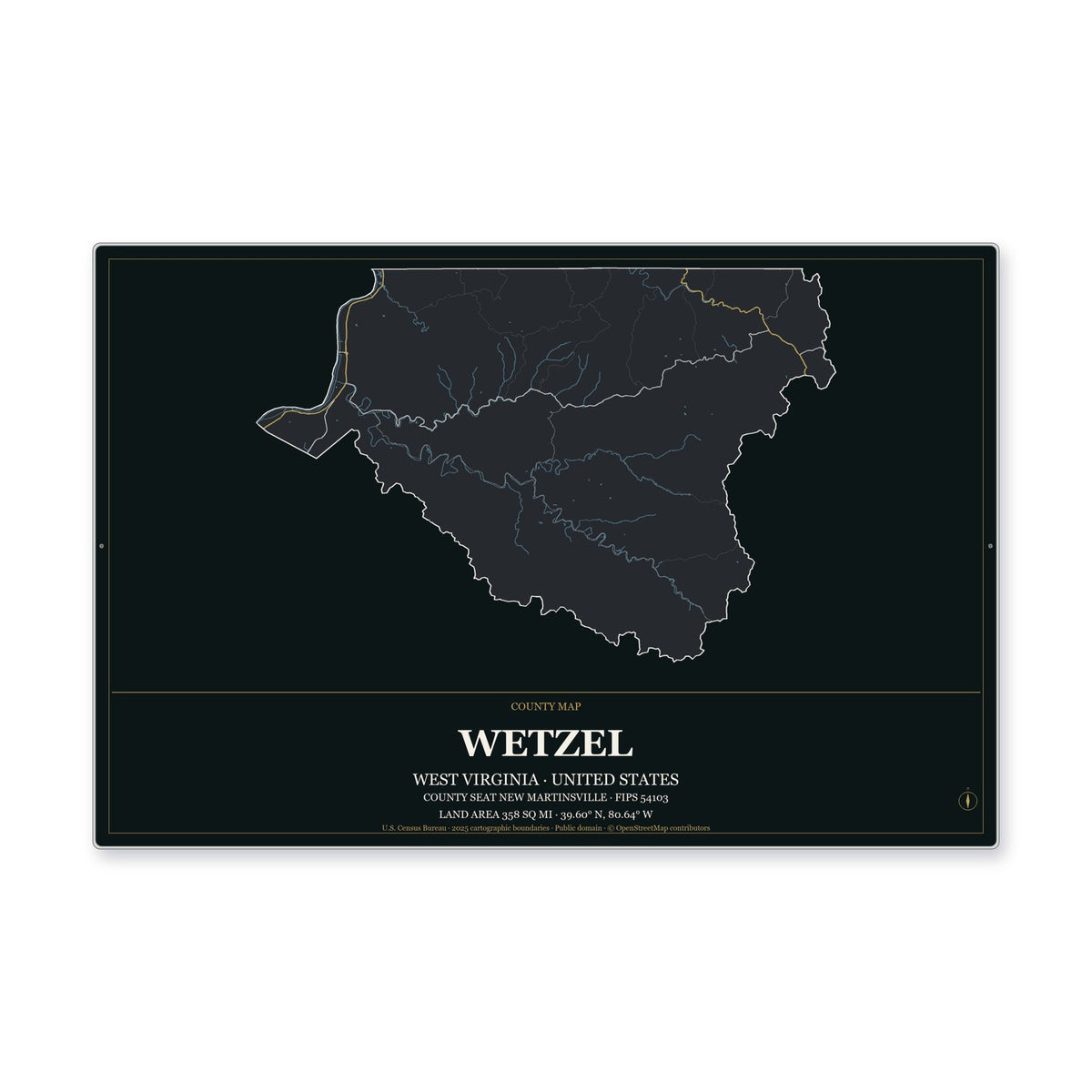 Wetzel County, West Virginia Map Aluminum Sign in Metropolitan Noir style
