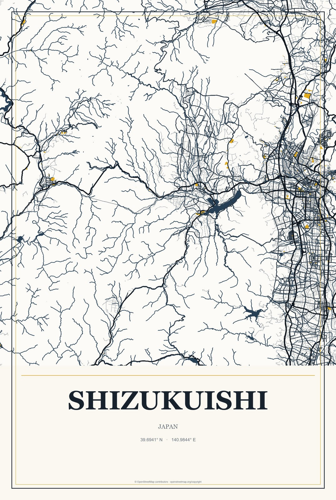 Shizukuishi, Japan City Map Aluminum Sign in Citrine Modern style