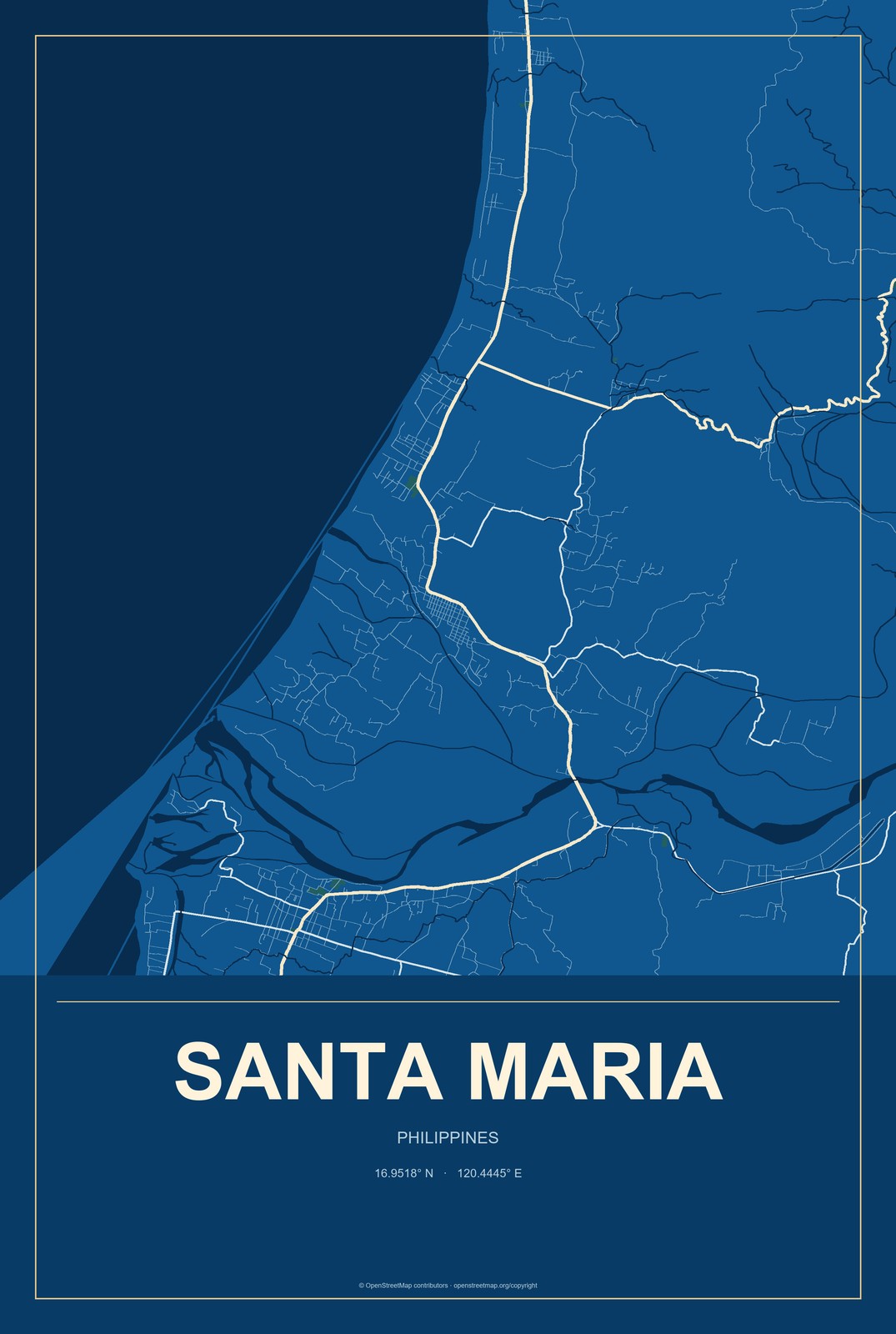 Santa Maria, Davao Region, Philippines City Map Aluminum Sign in Harbor Cobalt style