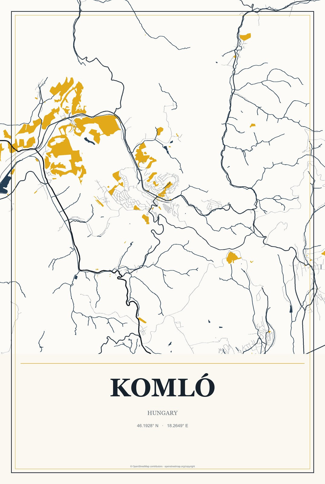 Komló, Hungary City Map Aluminum Sign in Citrine Modern style