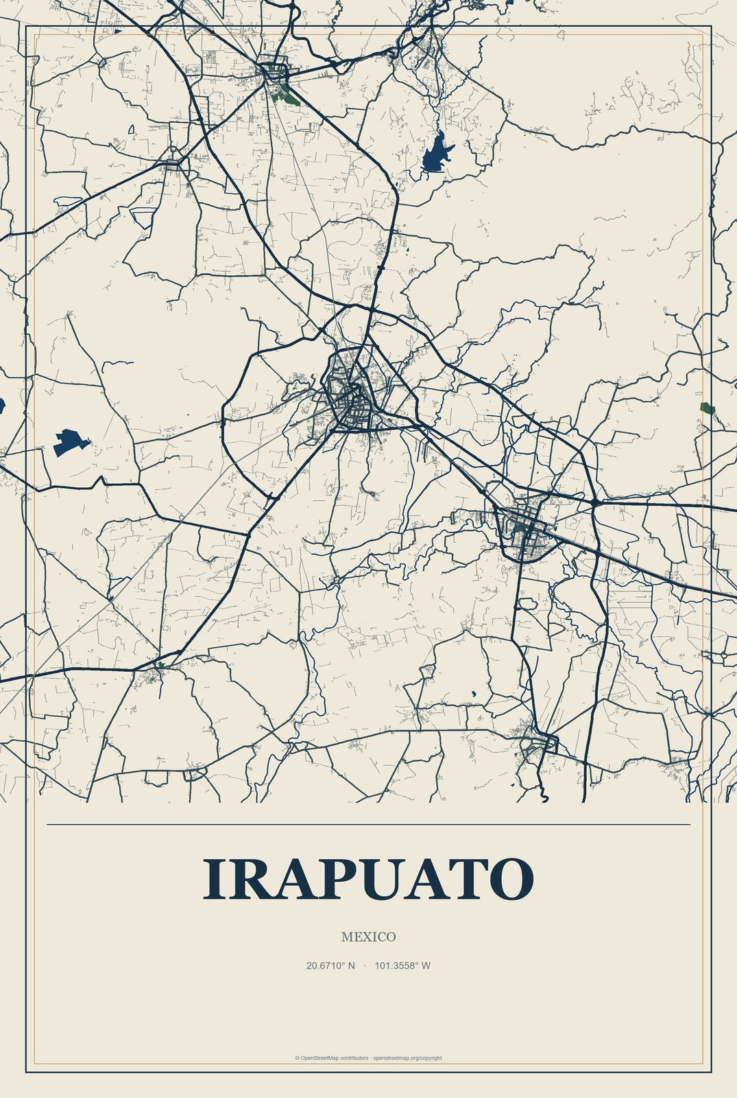 Irapuato, Mexico City Map Aluminum Sign in Coastal Cutout style
