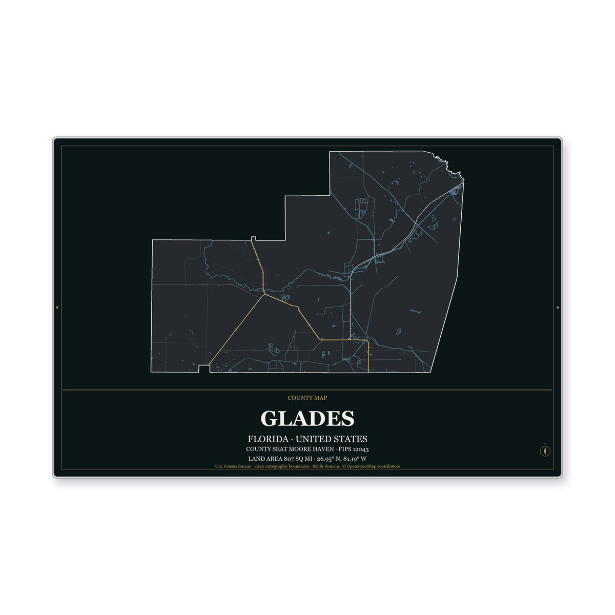 Glades County, Florida Map Aluminum Sign in Metropolitan Noir style