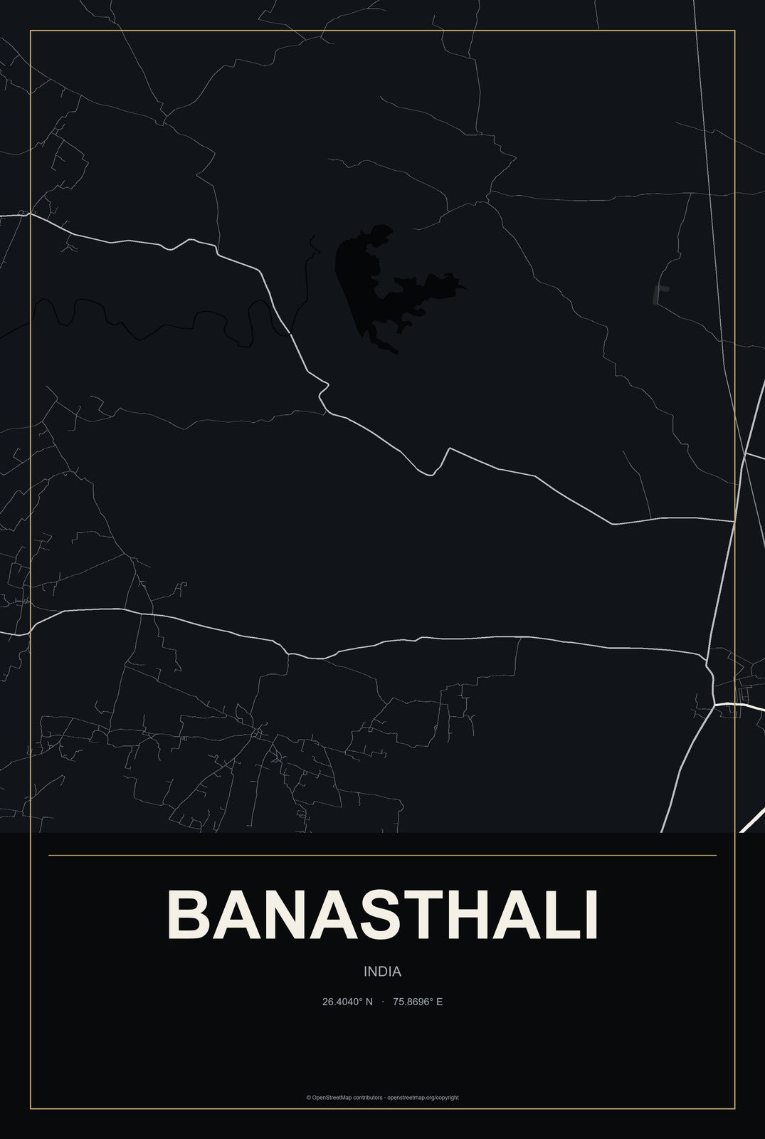 Banasthali, India City Map Aluminum Sign in Metropolitan Noir style