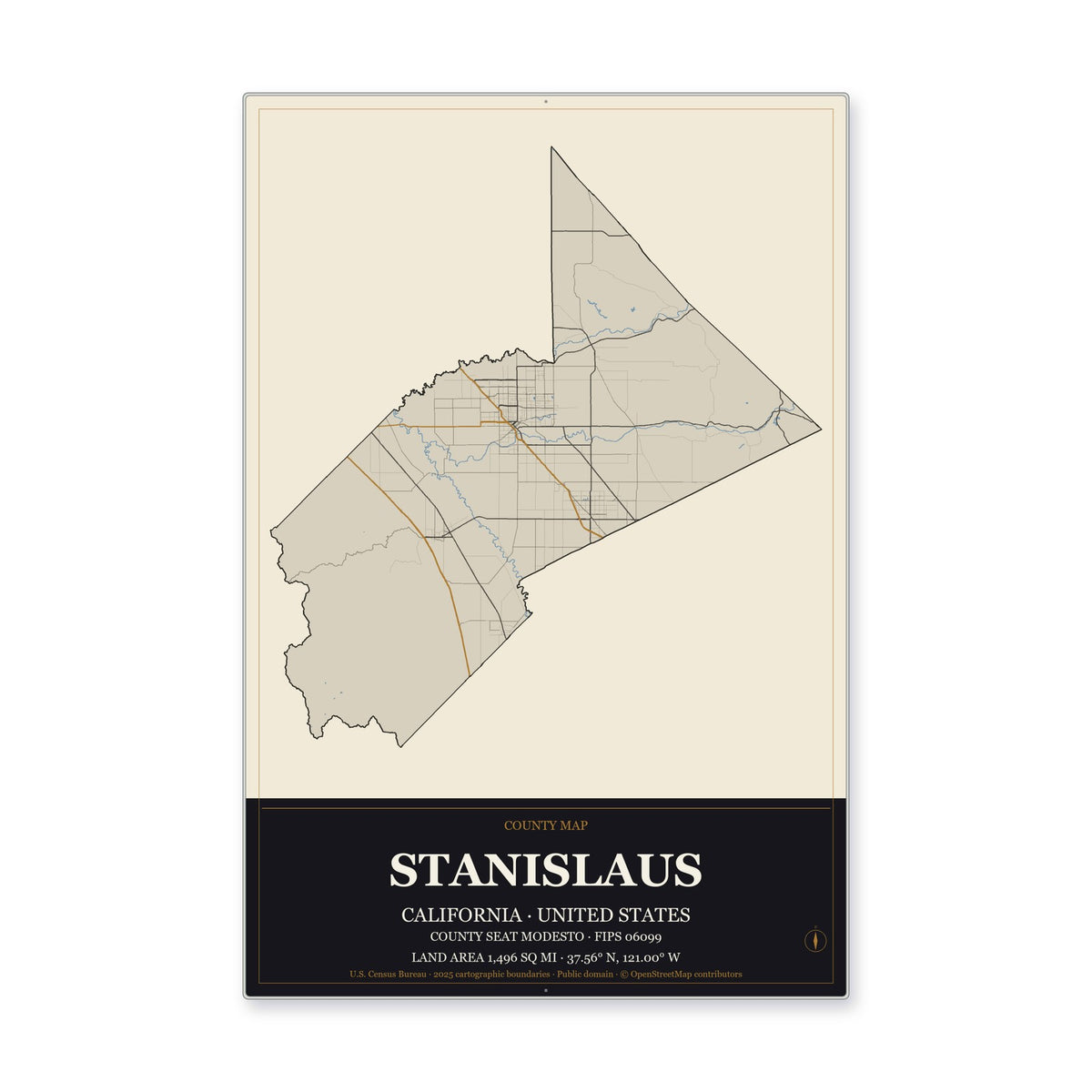 Stanislaus County, California Map Aluminum Sign in Museum Plaque style