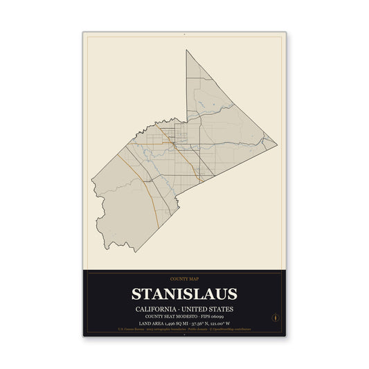 Stanislaus County, California Map Aluminum Sign in Museum Plaque style