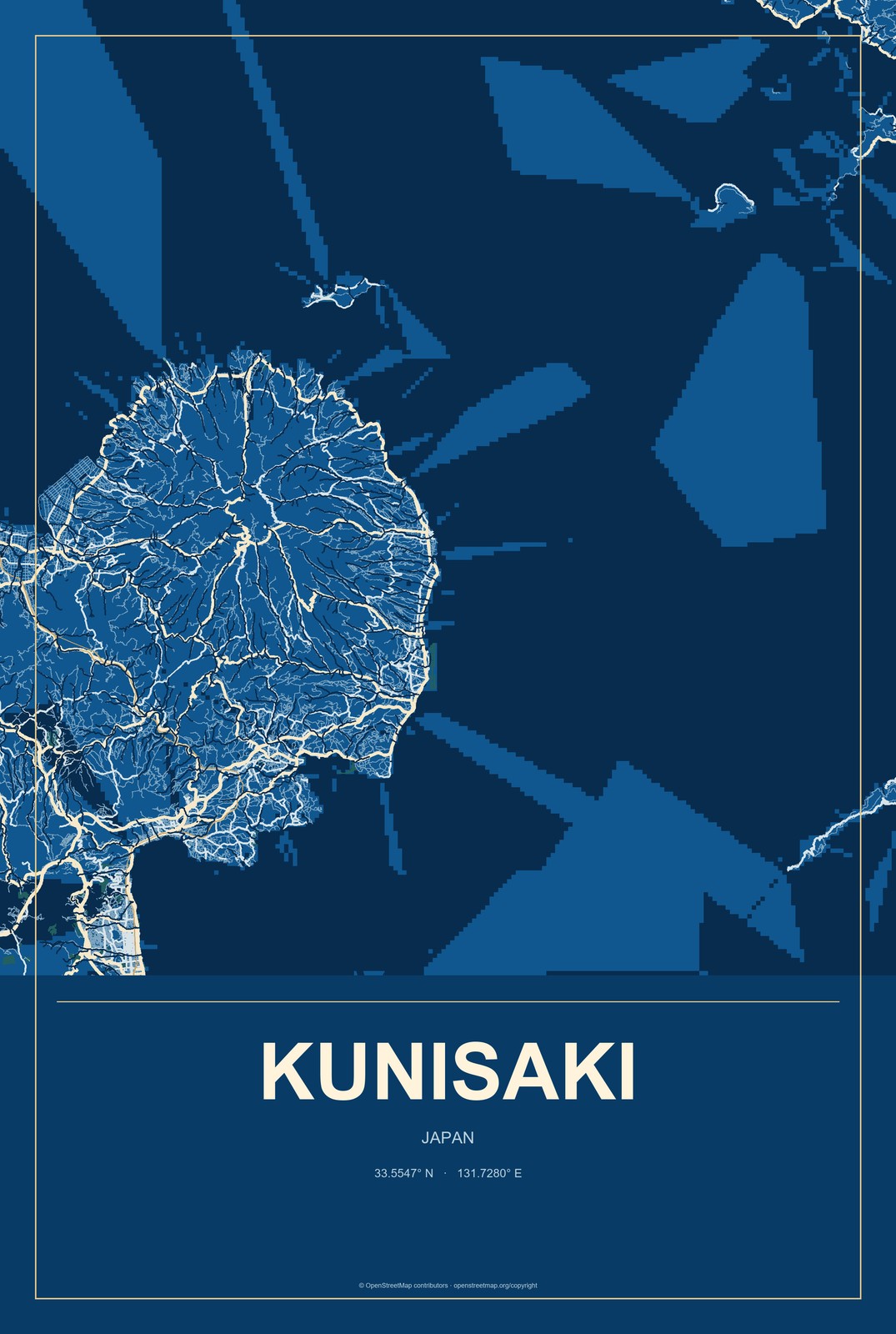 Kunisaki, Japan City Map Aluminum Sign in Harbor Cobalt style