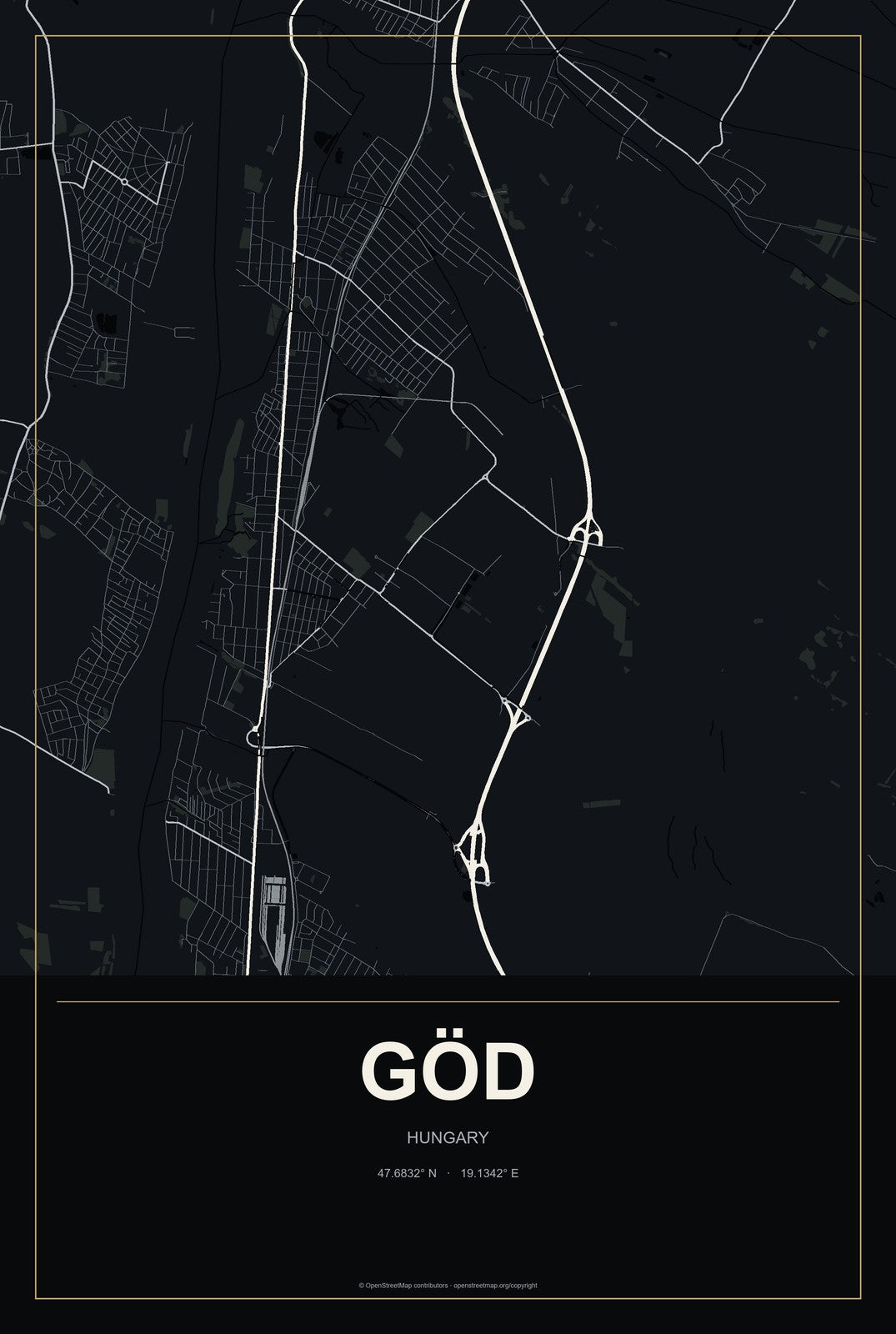 Göd, Hungary City Map Aluminum Sign in Metropolitan Noir style