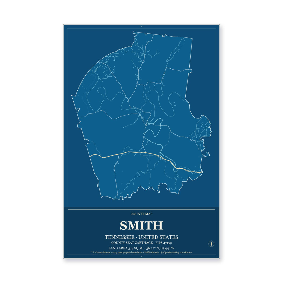 Smith County, Tennessee Map Aluminum Sign in Harbor Cobalt style