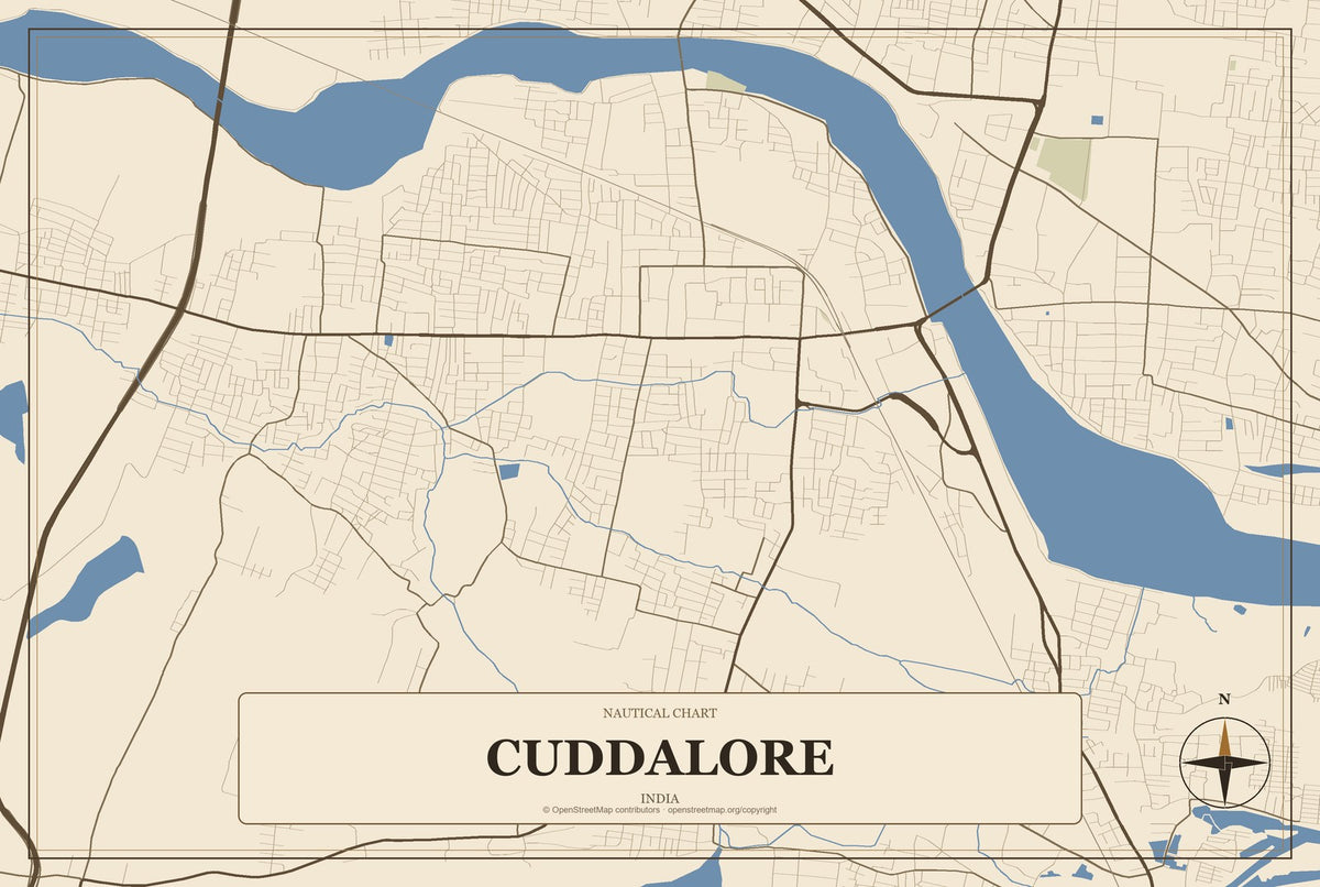 Cuddalore, India City Map Aluminum Sign in Heritage Nautical style