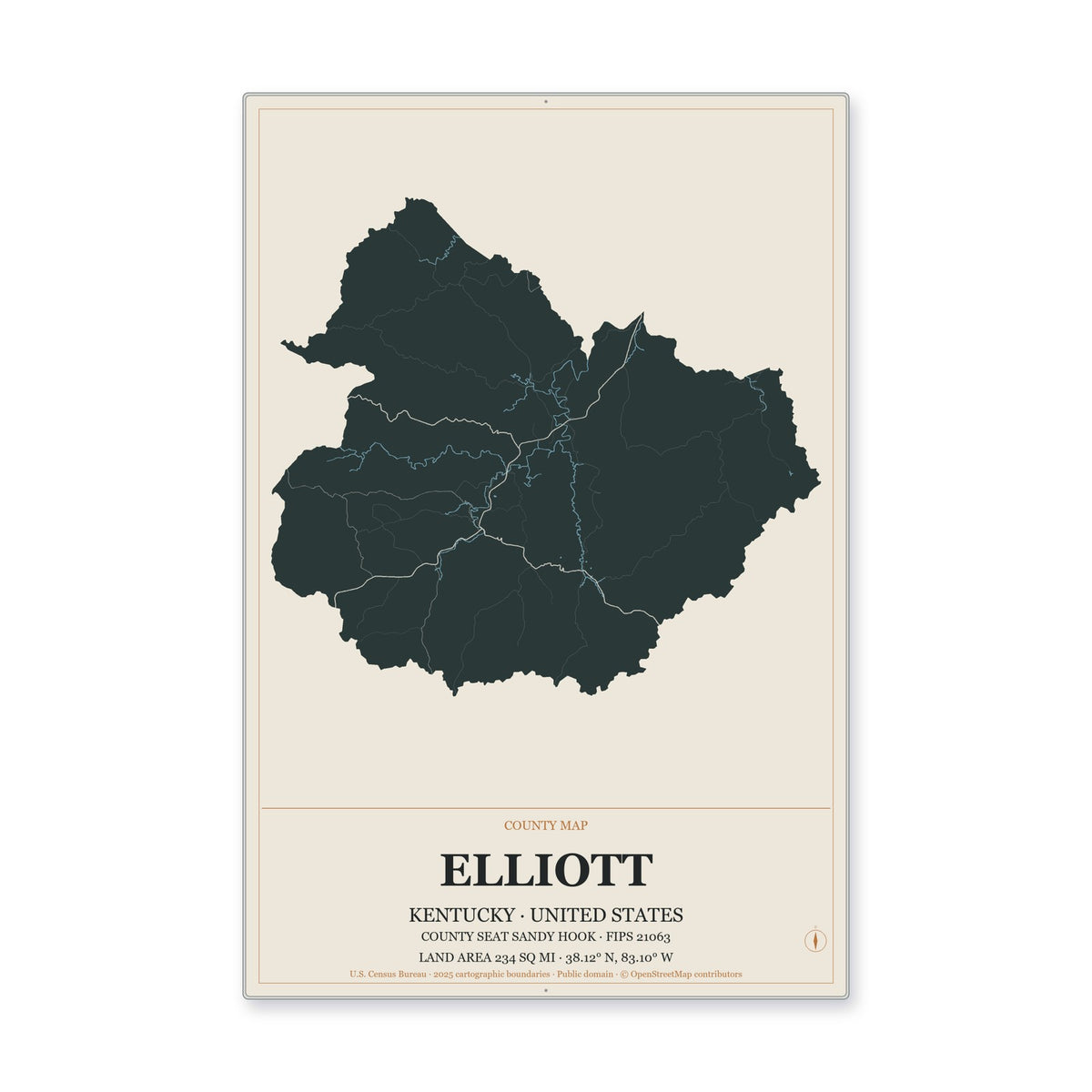 Elliott County, Kentucky Map Aluminum Sign in Headline Atlas style