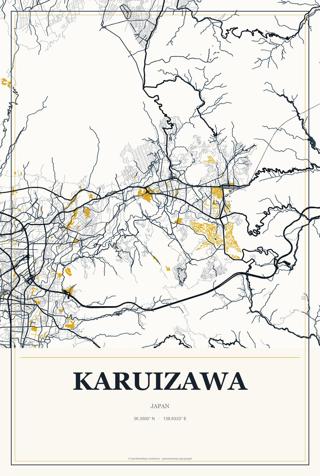 Karuizawa, Japan City Map Aluminum Sign in Citrine Modern style