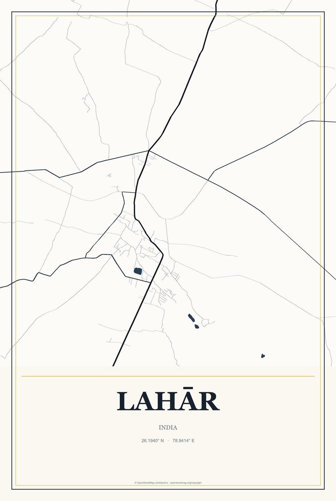 Lahār, India City Map Aluminum Sign in Citrine Modern style