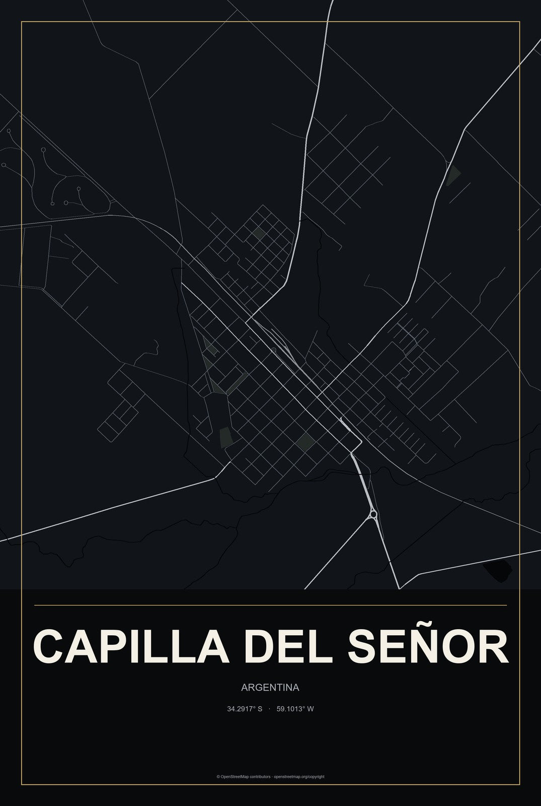 Capilla del Señor, Argentina City Map Aluminum Sign in Metropolitan Noir style