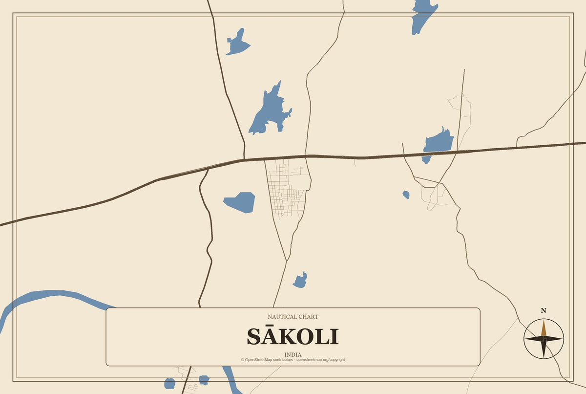Sākoli, India City Map Aluminum Sign in Heritage Nautical style