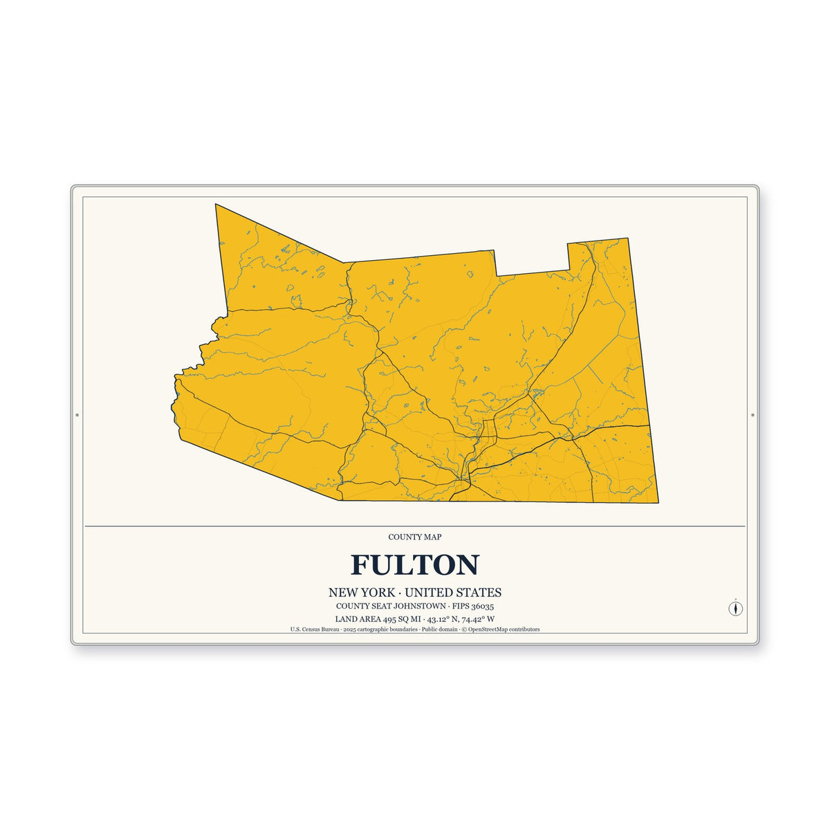 Fulton County, New York Map Aluminum Sign in Citrine Modern style