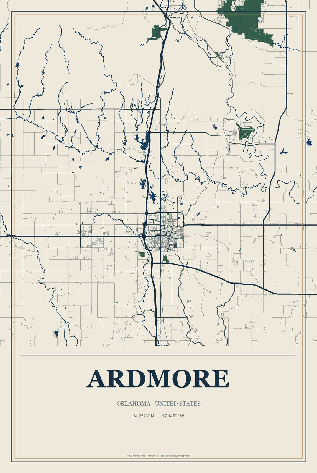 Ardmore, Oklahoma City Map Aluminum Sign in Coastal Cutout style