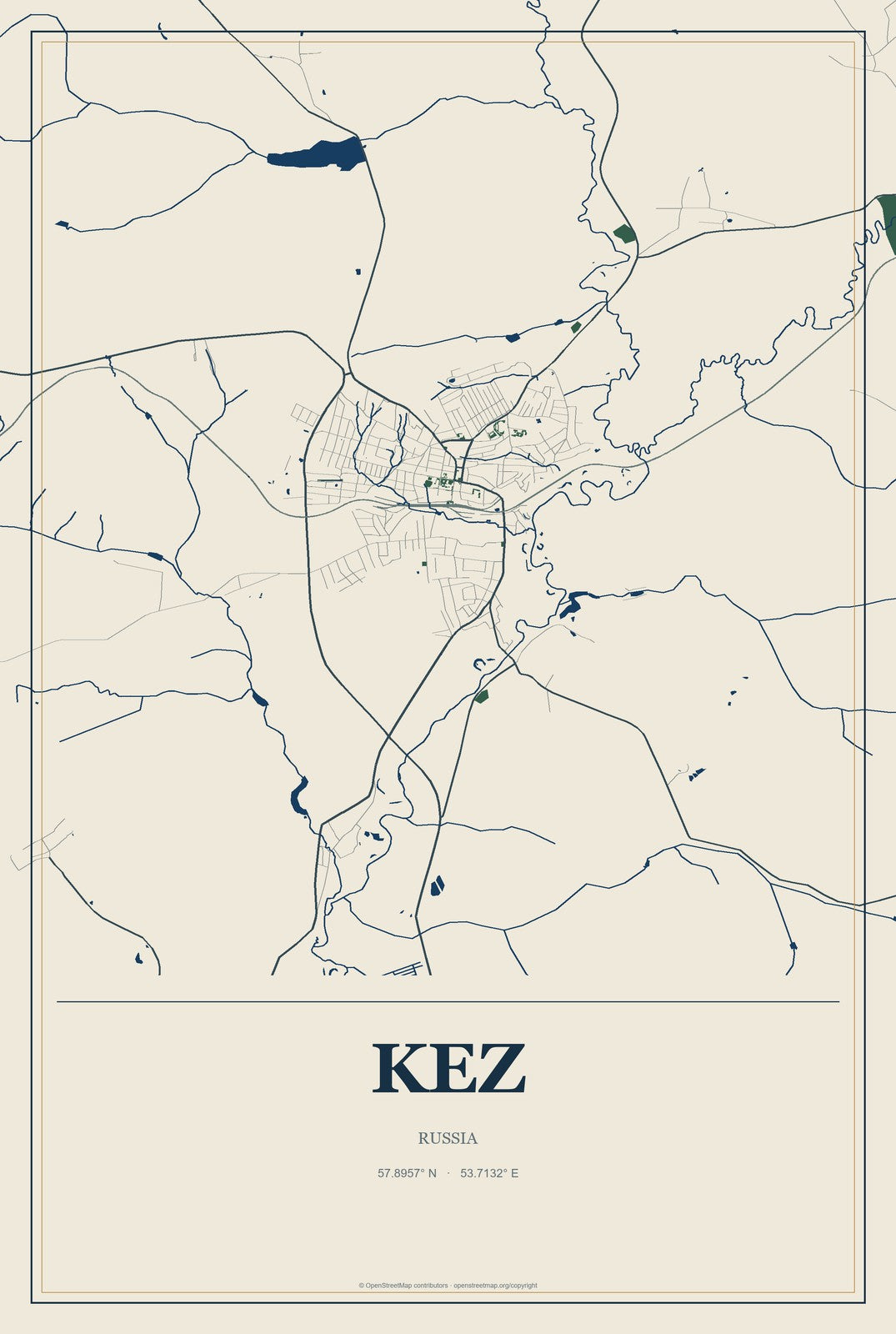 Kez, Russia City Map Aluminum Sign in Coastal Cutout style