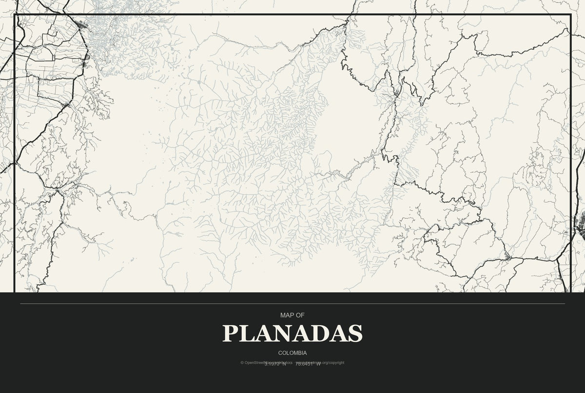 Planadas, Colombia City Map Aluminum Sign in Museum Plaque style