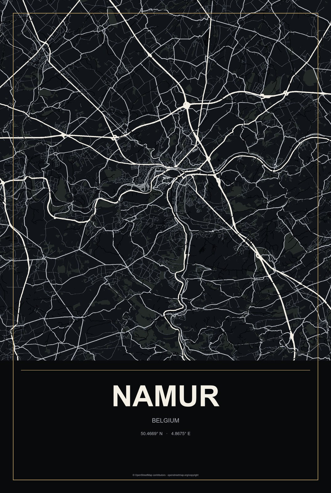 Namur, Belgium City Map Aluminum Sign in Metropolitan Noir style