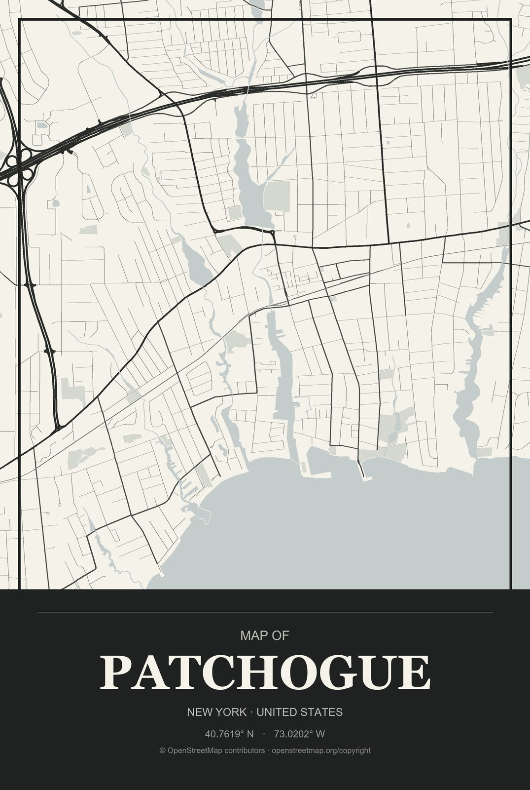 Patchogue, New York City Map Aluminum Sign in Museum Plaque style