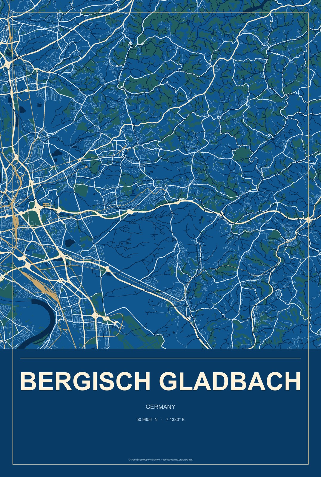 Bergisch Gladbach, Germany City Map Aluminum Sign in Harbor Cobalt style