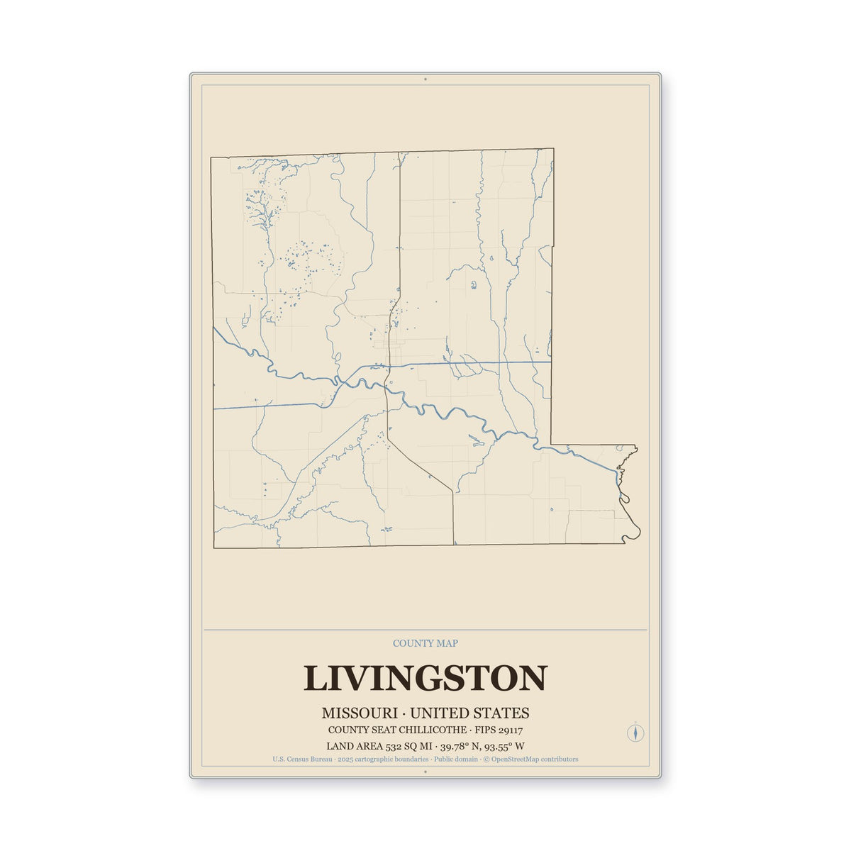 Livingston County, Missouri Map Aluminum Sign in Heritage Nautical style