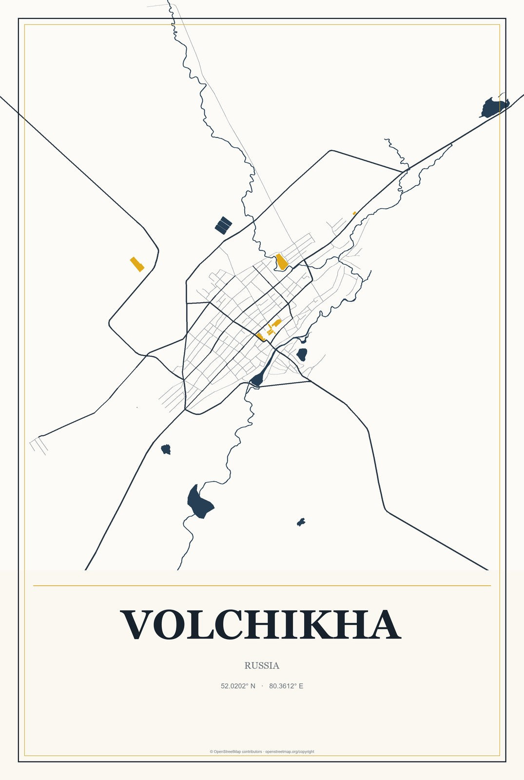 Volchikha, Russia City Map Aluminum Sign in Citrine Modern style