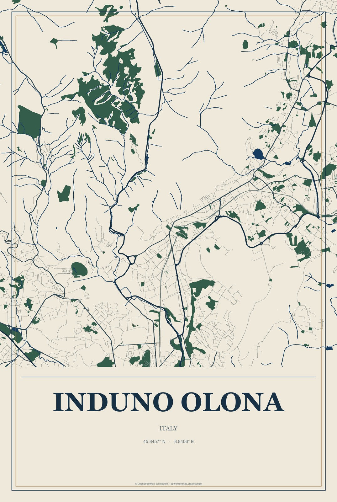 Induno Olona, Italy City Map Aluminum Sign in Coastal Cutout style