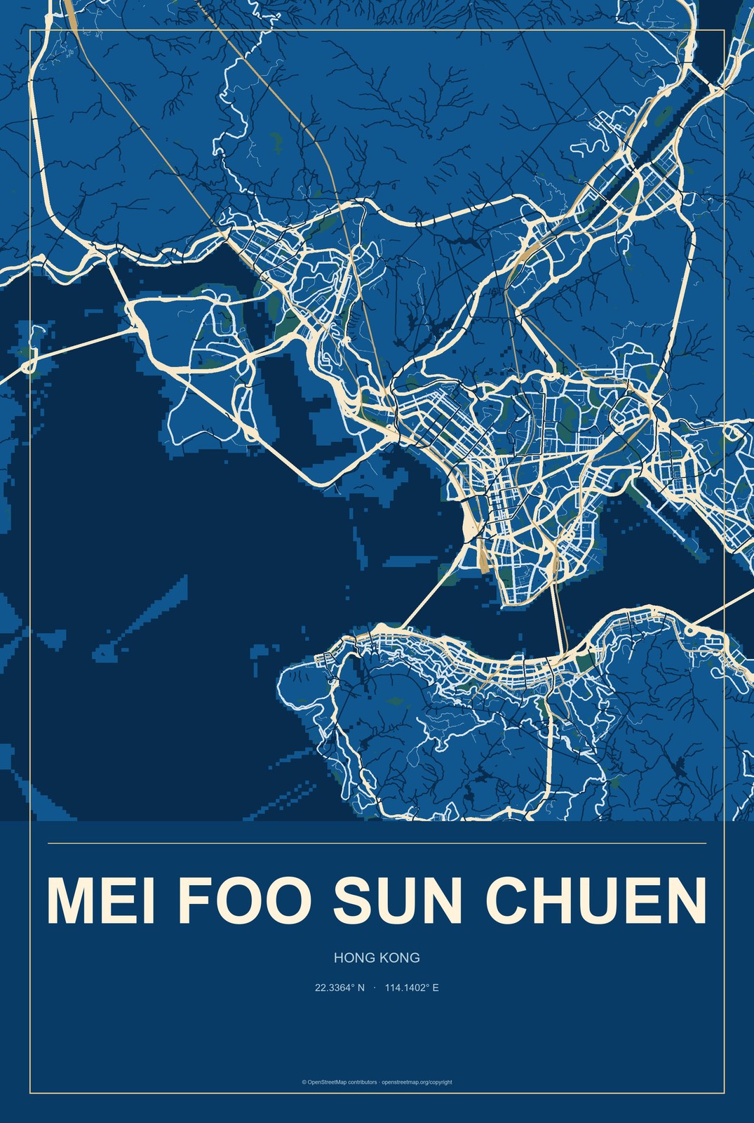 Mei Foo Sun Chuen, Hong Kong City Map Aluminum Sign in Harbor Cobalt style