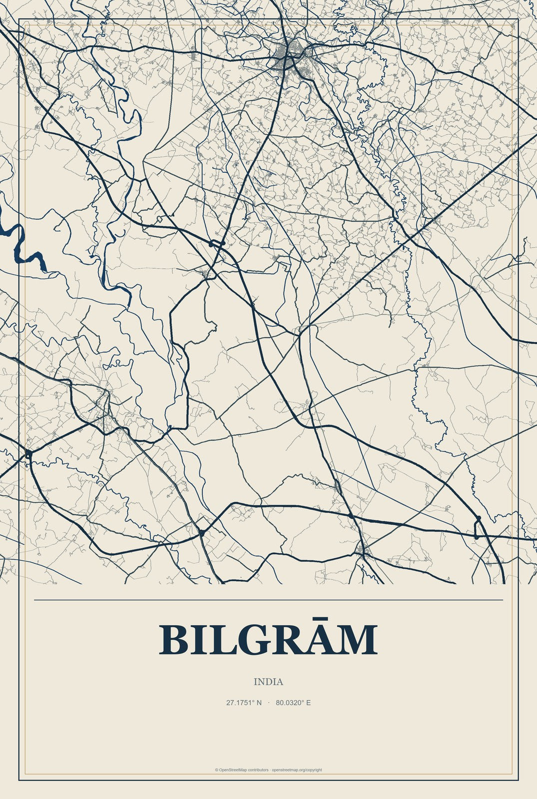 Bilgrām, India City Map Aluminum Sign in Coastal Cutout style