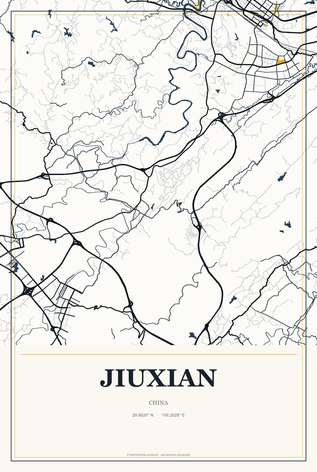 Jiuxian, China City Map Aluminum Sign in Citrine Modern style