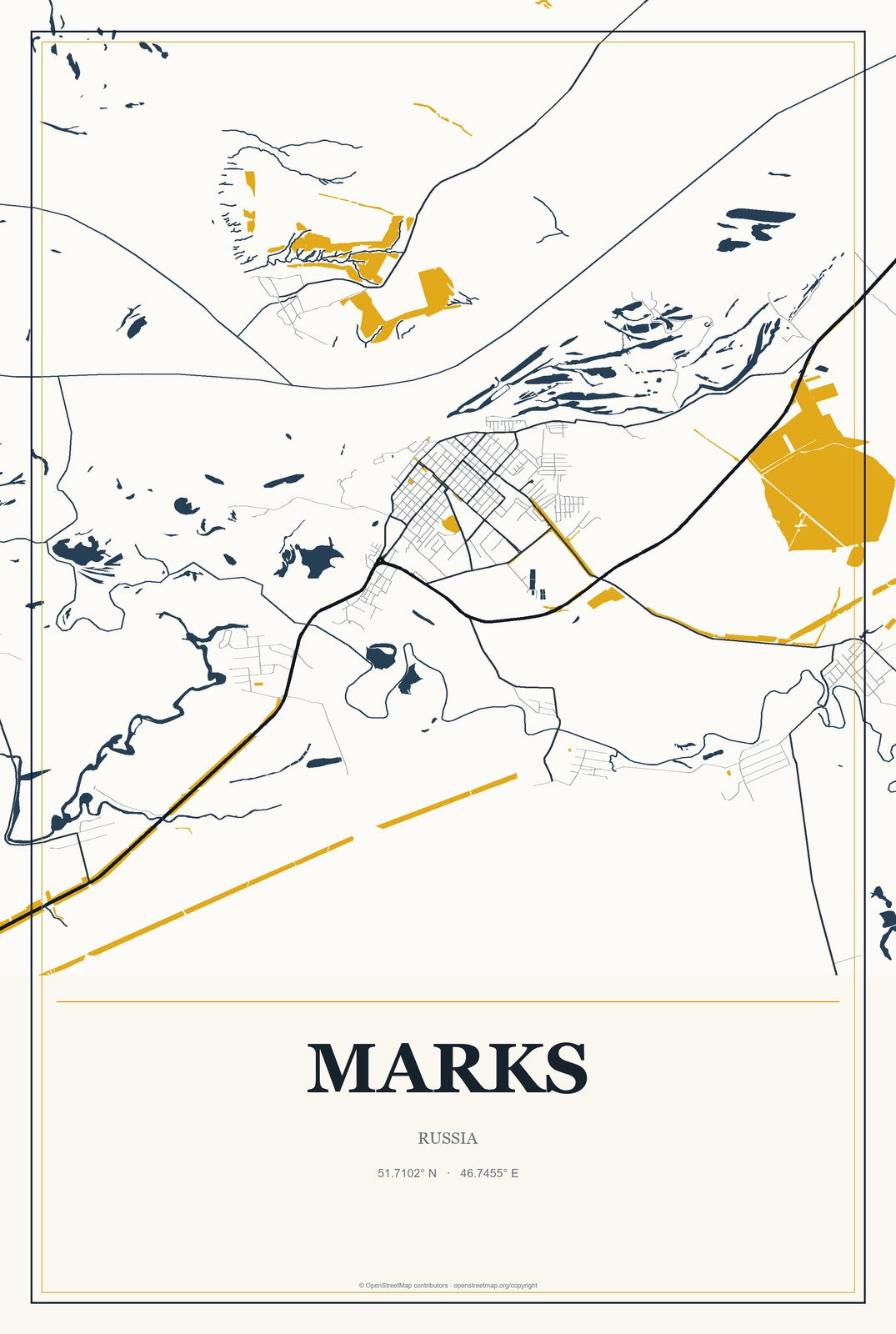 Marks, Russia City Map Aluminum Sign in Citrine Modern style