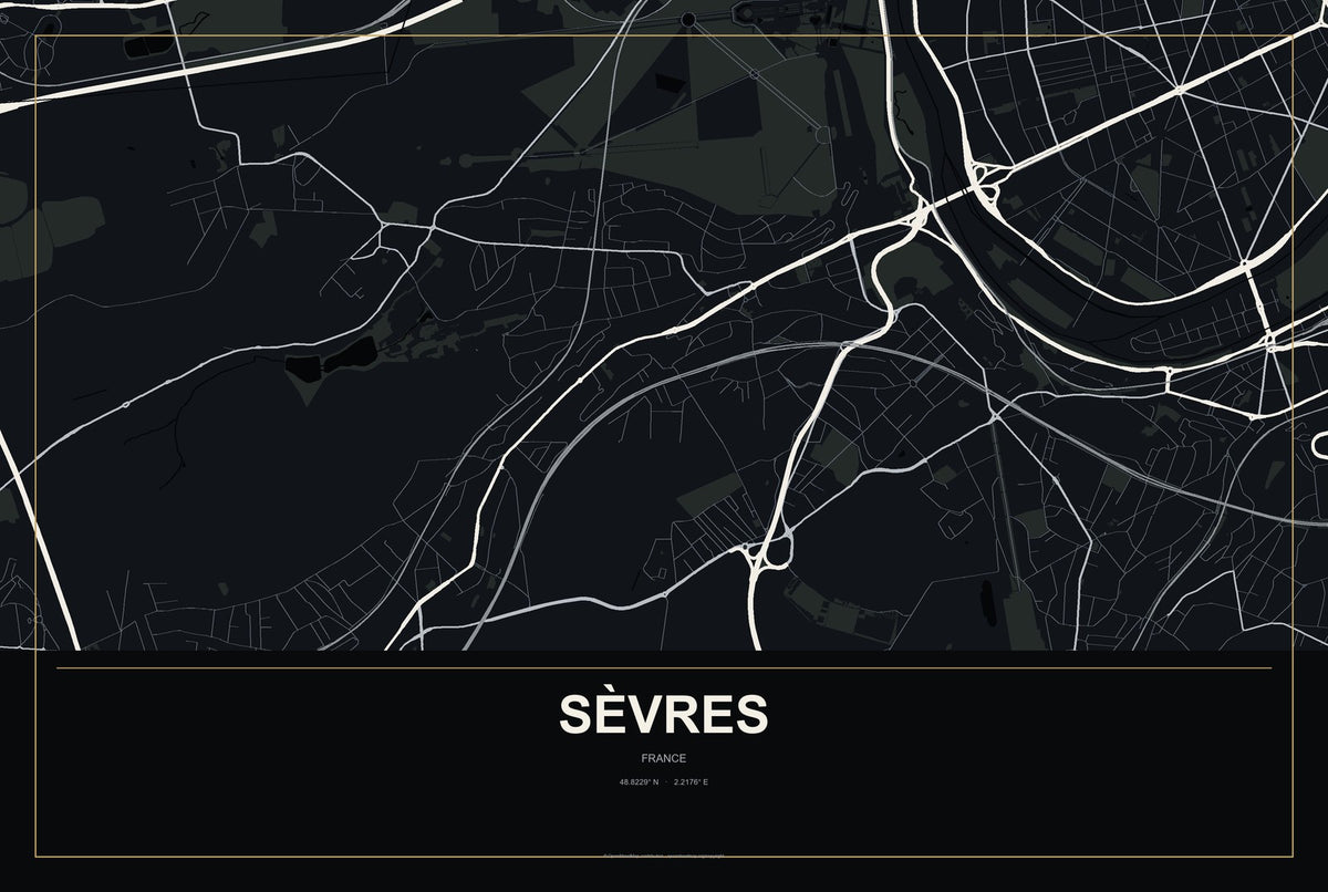 Sèvres, France City Map Aluminum Sign in Metropolitan Noir style