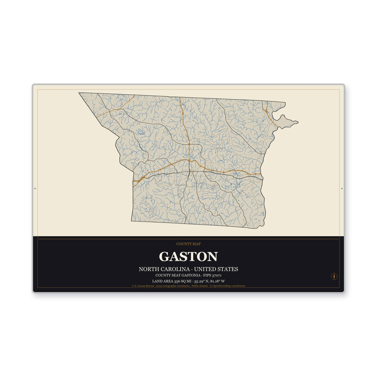 Gaston County, North Carolina Map Aluminum Sign in Museum Plaque style