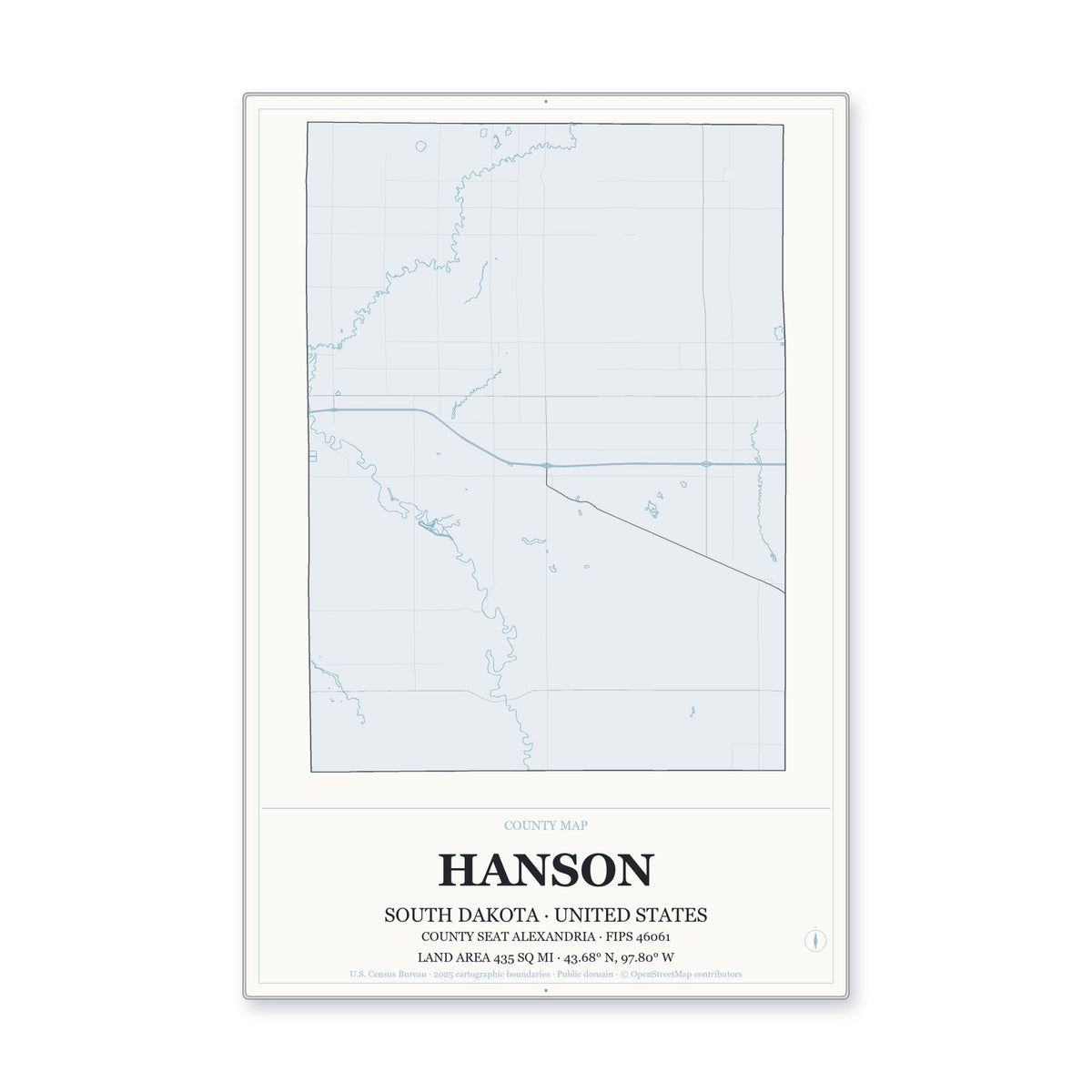 Hanson County, South Dakota Map Aluminum Sign in Gallery Air style