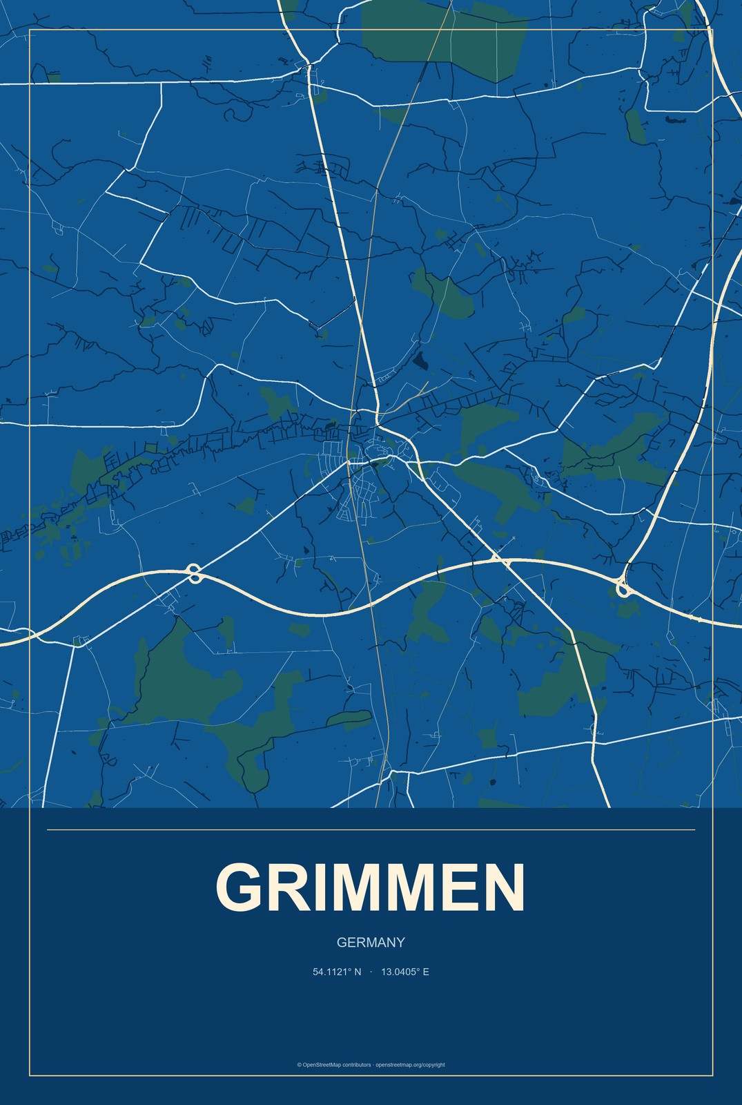 Grimmen, Germany City Map Aluminum Sign in Harbor Cobalt style