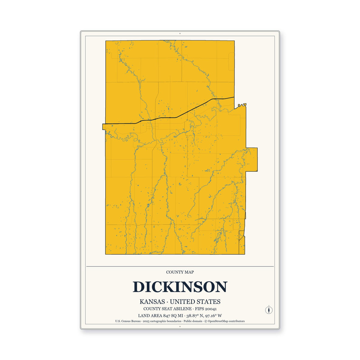 Dickinson County, Kansas Map Aluminum Sign in Citrine Modern style