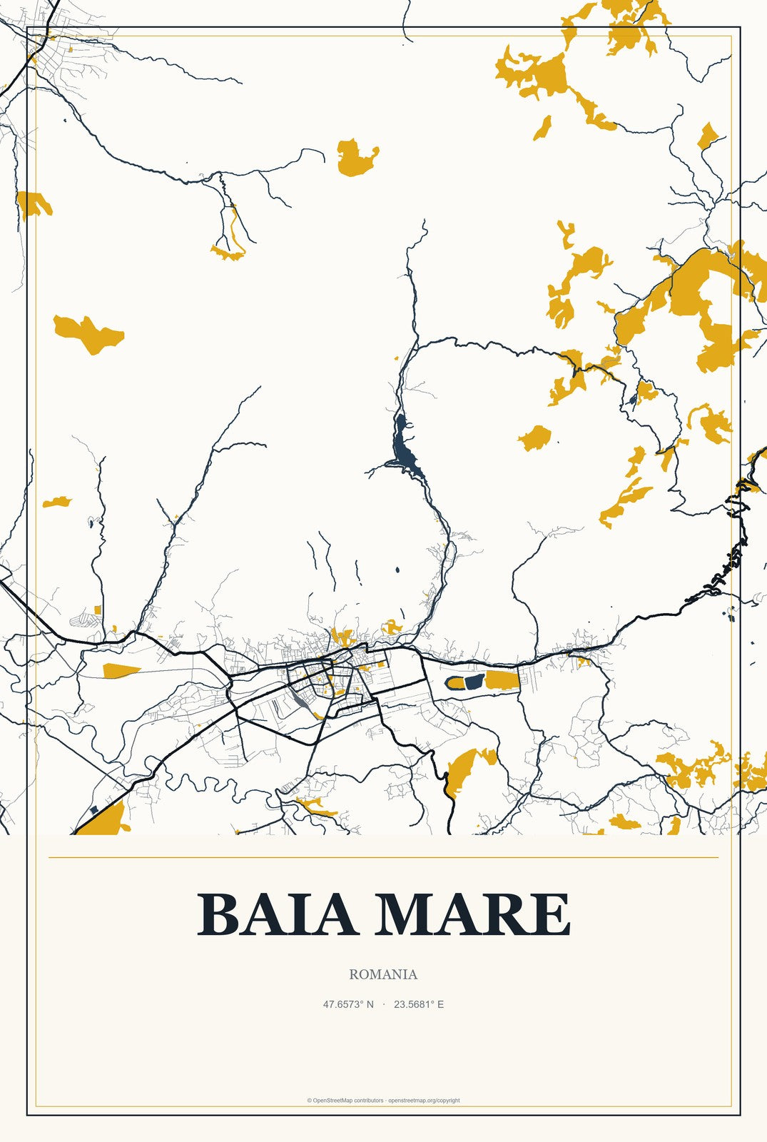 Baia Mare, Romania City Map Aluminum Sign in Citrine Modern style