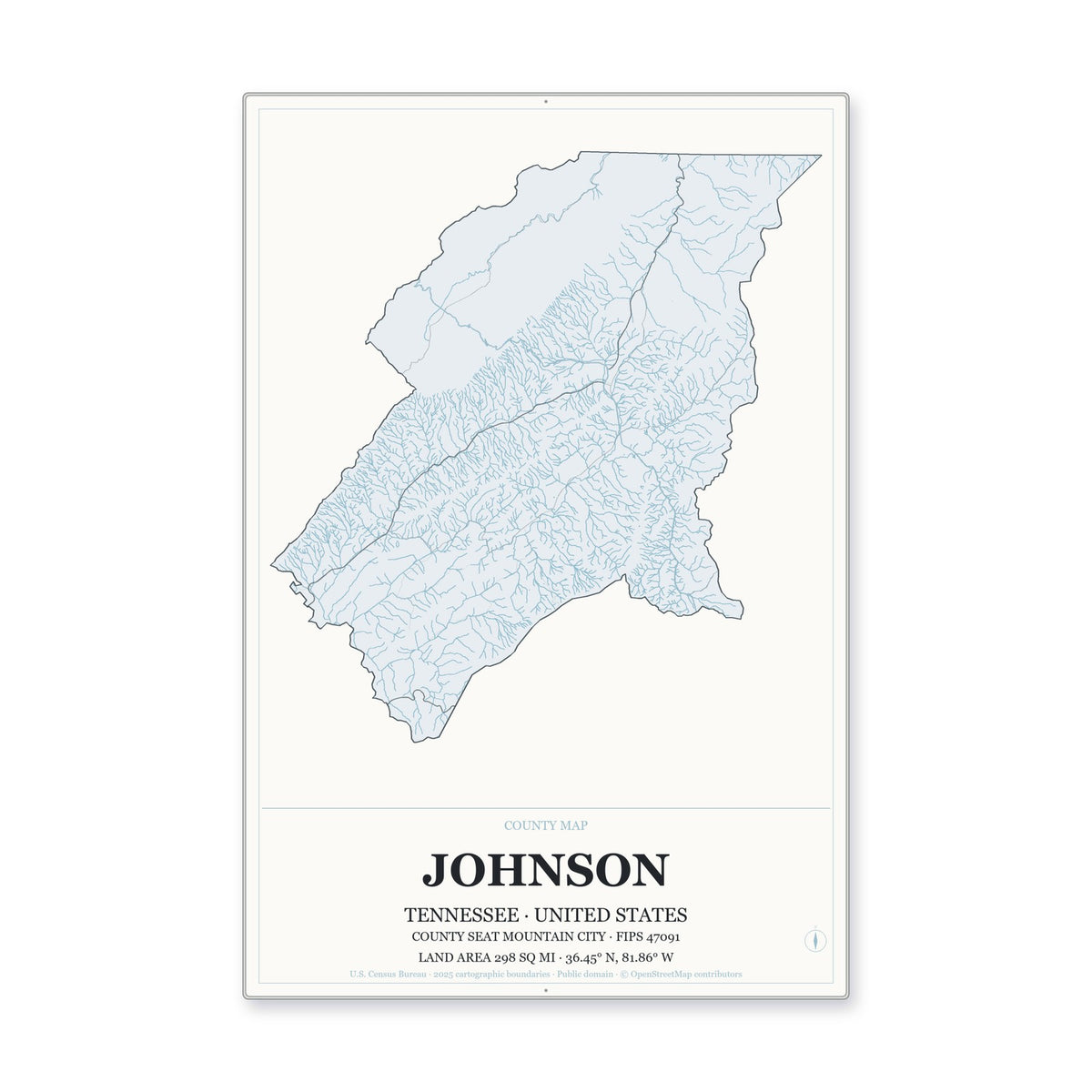 Johnson County, Tennessee Map Aluminum Sign in Gallery Air style