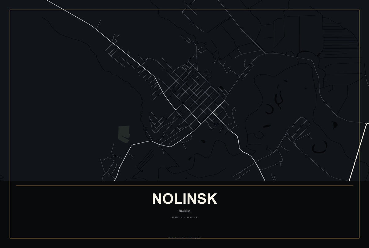 Nolinsk, Russia City Map Aluminum Sign in Metropolitan Noir style