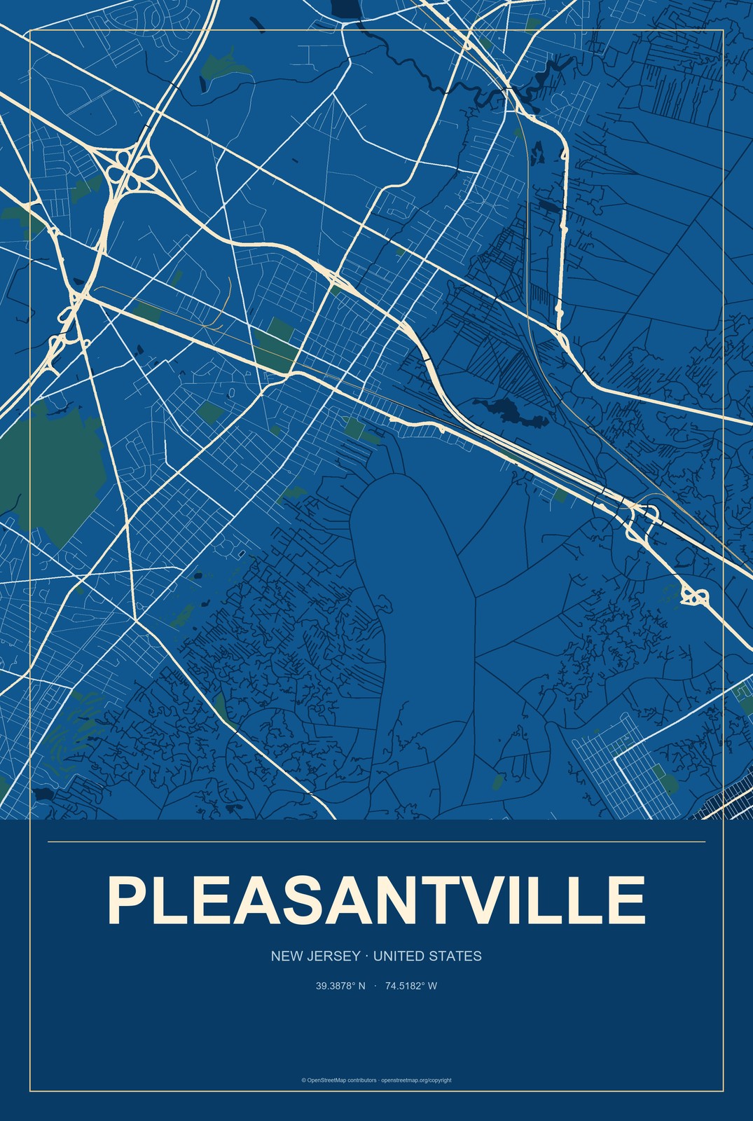 Pleasantville, New Jersey City Map Aluminum Sign in Harbor Cobalt style