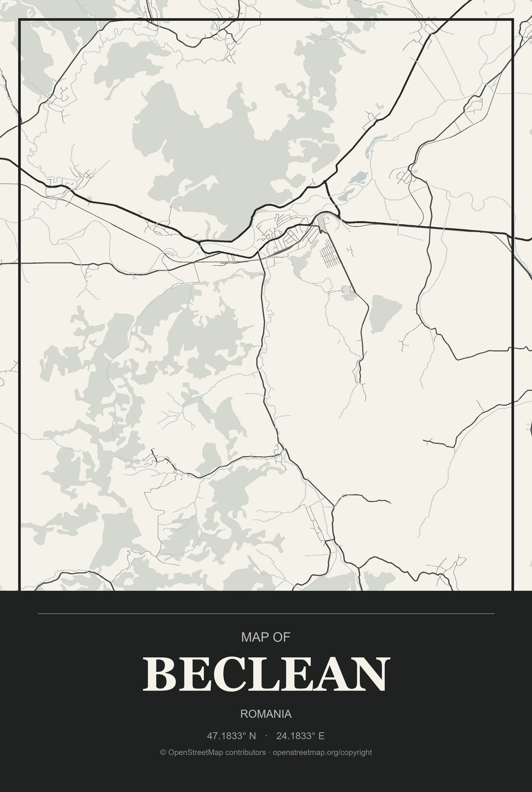 Beclean, Romania City Map Aluminum Sign in Museum Plaque style