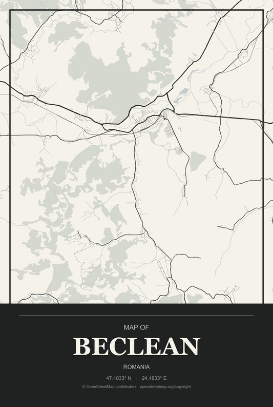 Beclean, Romania City Map Aluminum Sign in Museum Plaque style