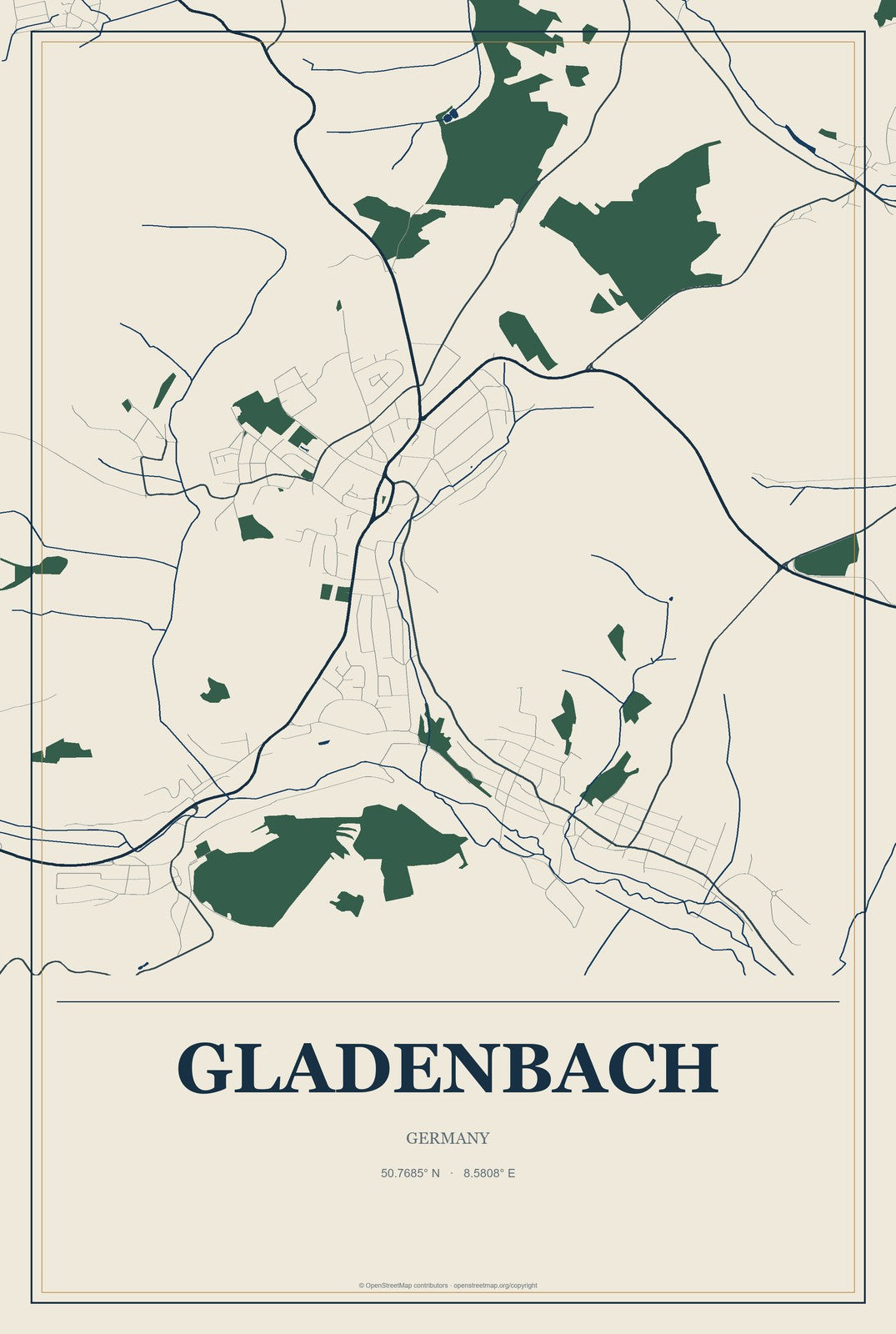 Gladenbach, Germany City Map Aluminum Sign in Coastal Cutout style