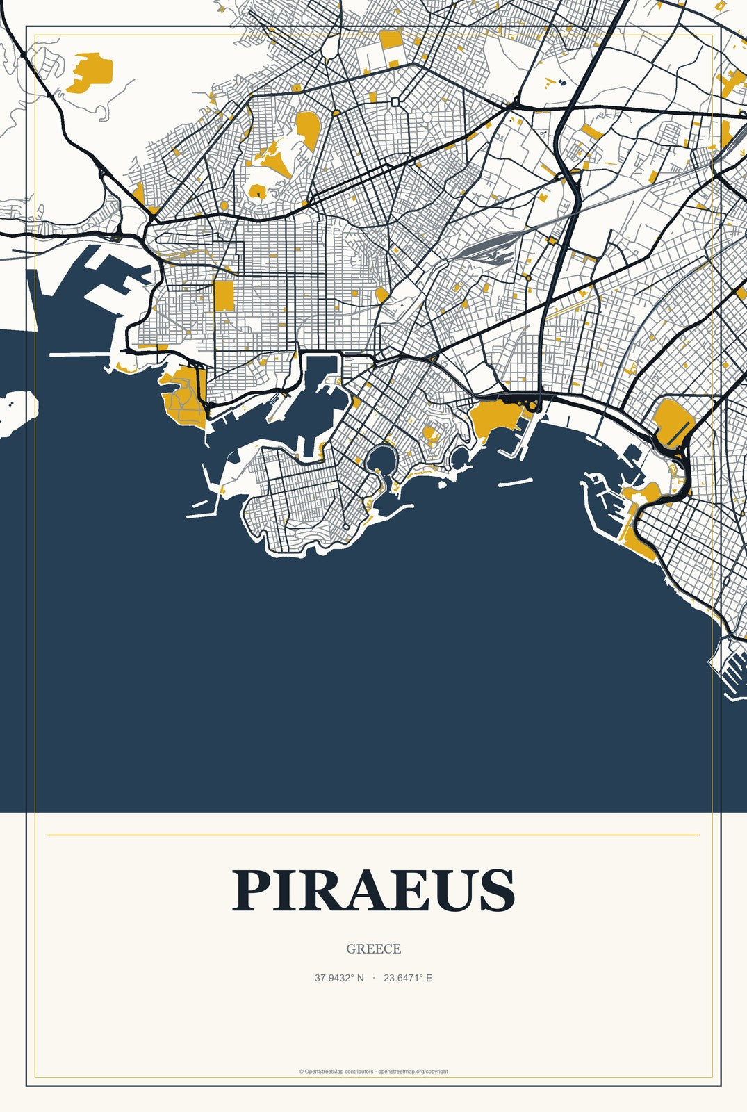 Piraeus, Greece City Map Aluminum Sign in Citrine Modern style
